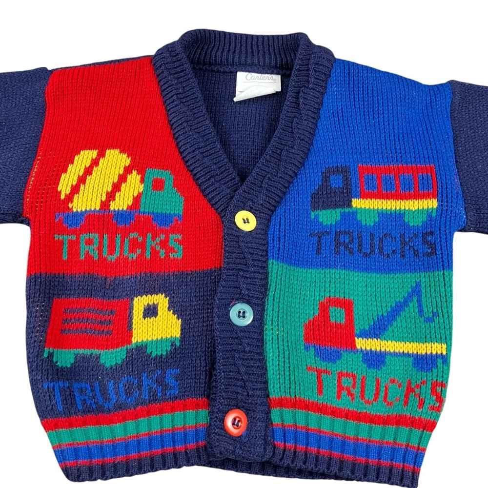 Vintage Carter's Toddler Knit Cardigan Trucks 12 Months Primary Colors 80s 90s